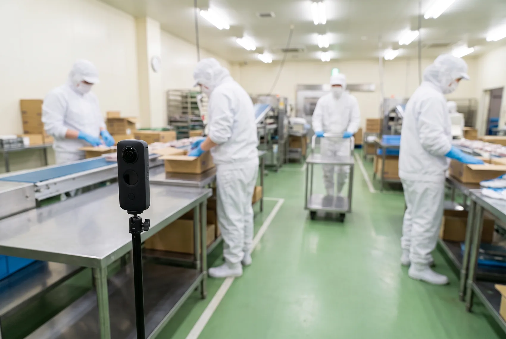 食品工場の作業台の端に三脚で立てた360度カメラ。奥では作業者が誰も気に留めずに包装作業を続けている