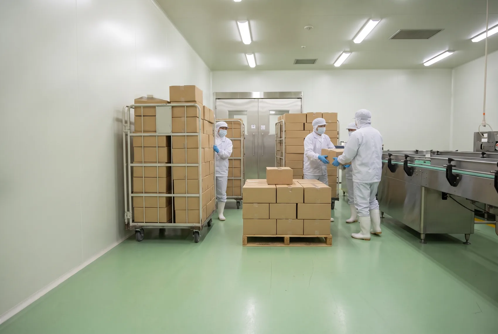 改善前。食品工場の受け渡しエリアで、段ボールを積んだ台車とパレットが通路と出入口の前をふさぎ、作業者がすれ違っている