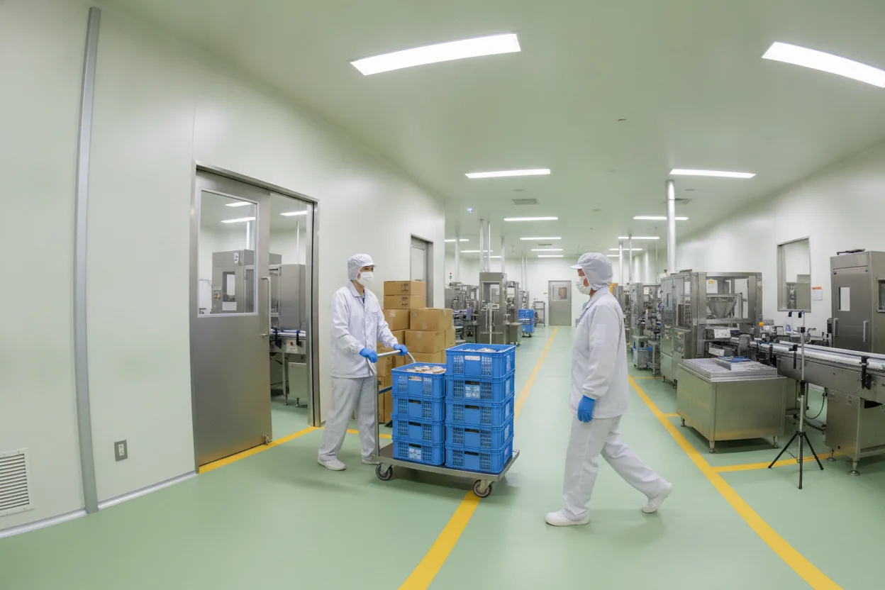 食品工場の受け渡し地点で、台車を押す作業者と横切る歩行者、出入口が同じ画面に写る360度解析イメージ