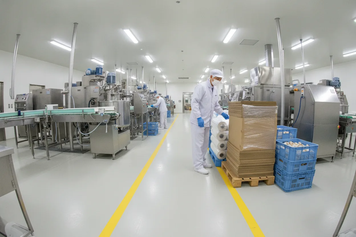 食品工場の通路脇に包装資材と段ボール、原料容器が仮置きされ、通路幅が狭まっている360度解析イメージ