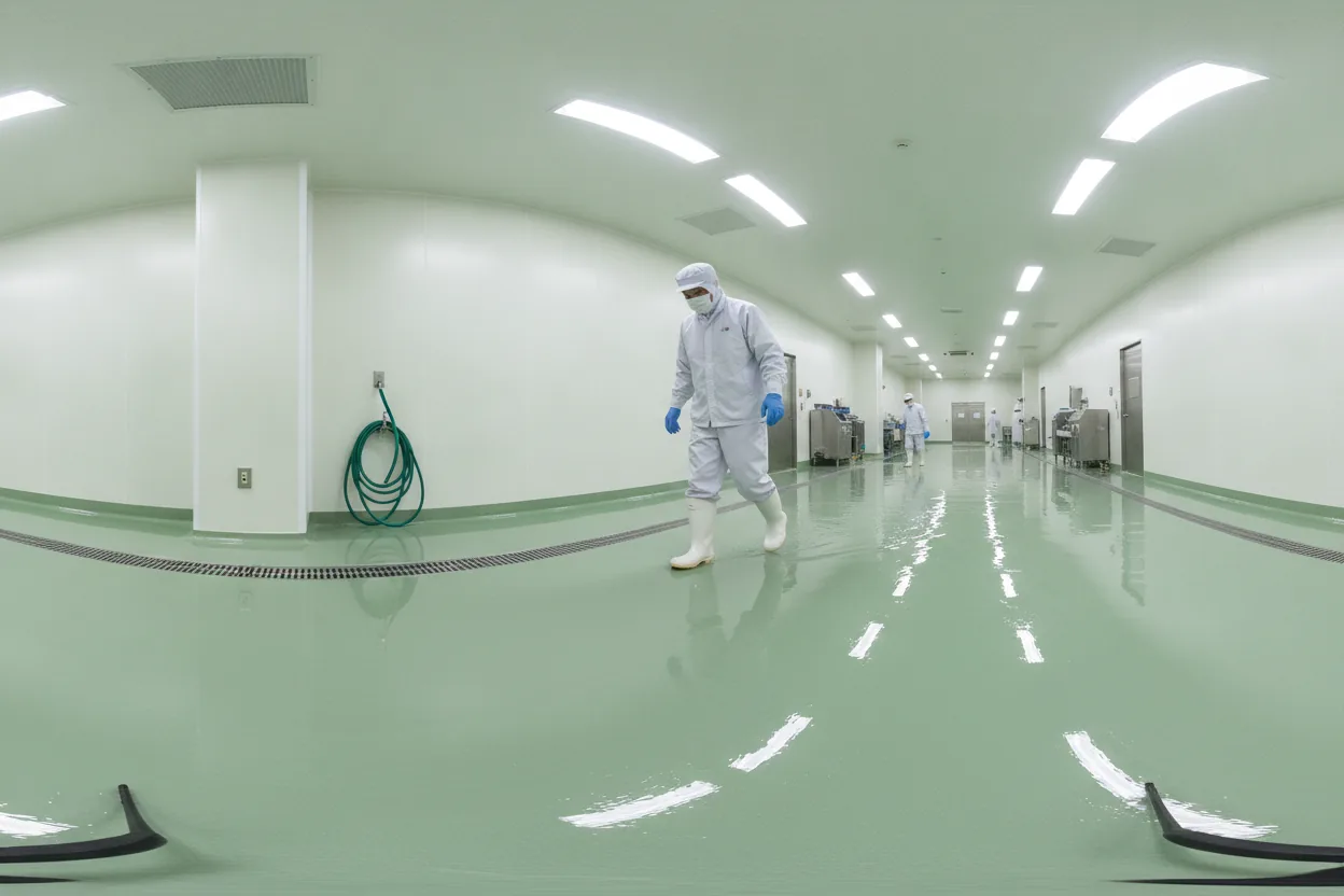 洗浄後で濡れた食品工場の通路を歩く作業者と、反射する床面・排水溝を写した360度解析イメージ