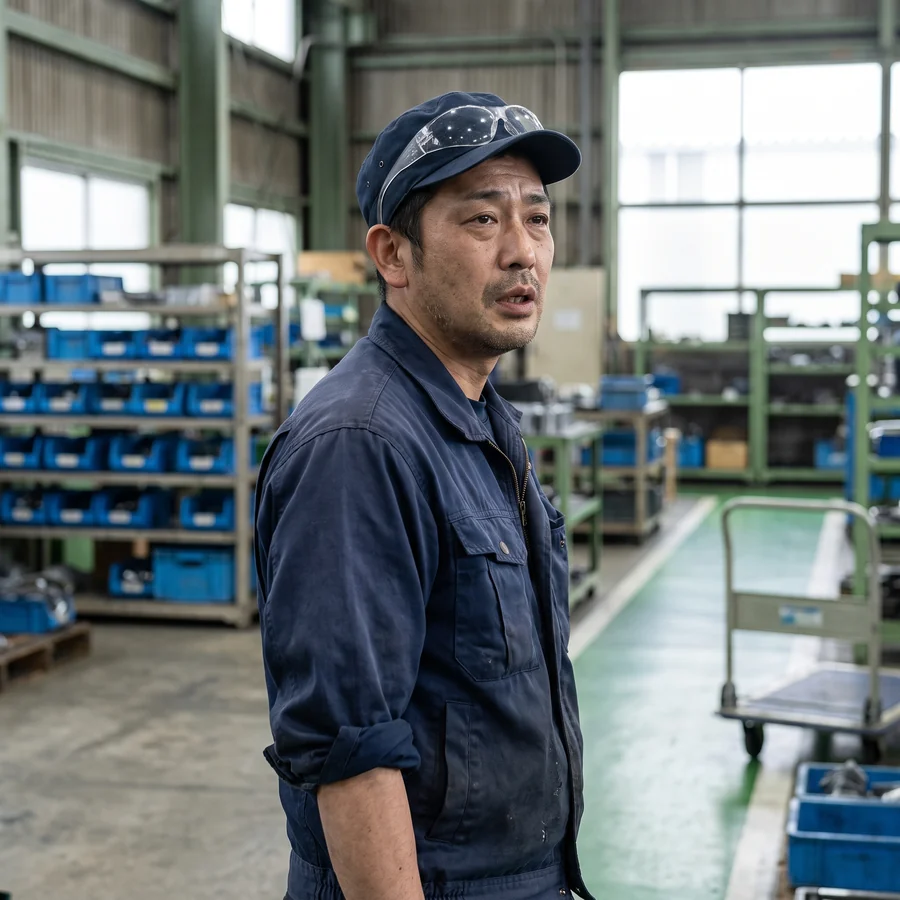 組立工場の部品棚の前で、少し疲れた表情で顔を上げた40代の製造課長