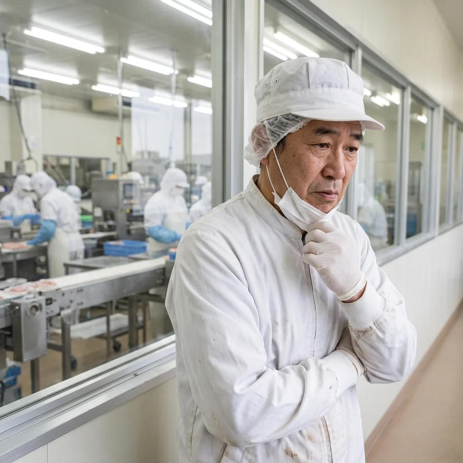 食品工場の廊下で、マスクを外して製造室のガラス越しに現場を見ながら考え込む50代の工場長