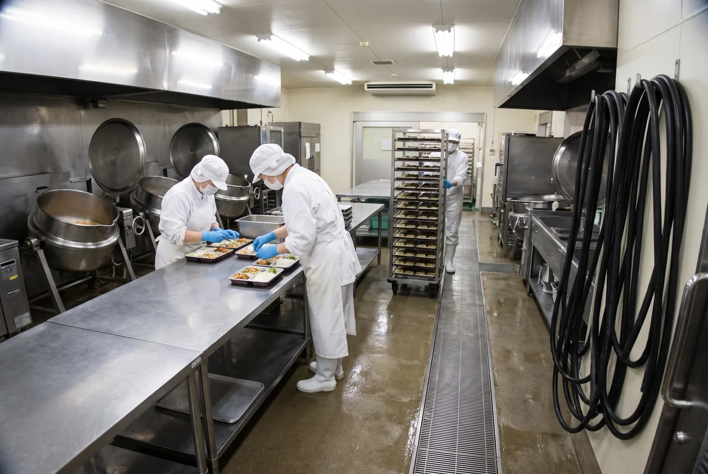 給食施設の厨房で、盛付をする調理担当者の後ろをトレーワゴンが通っていく様子