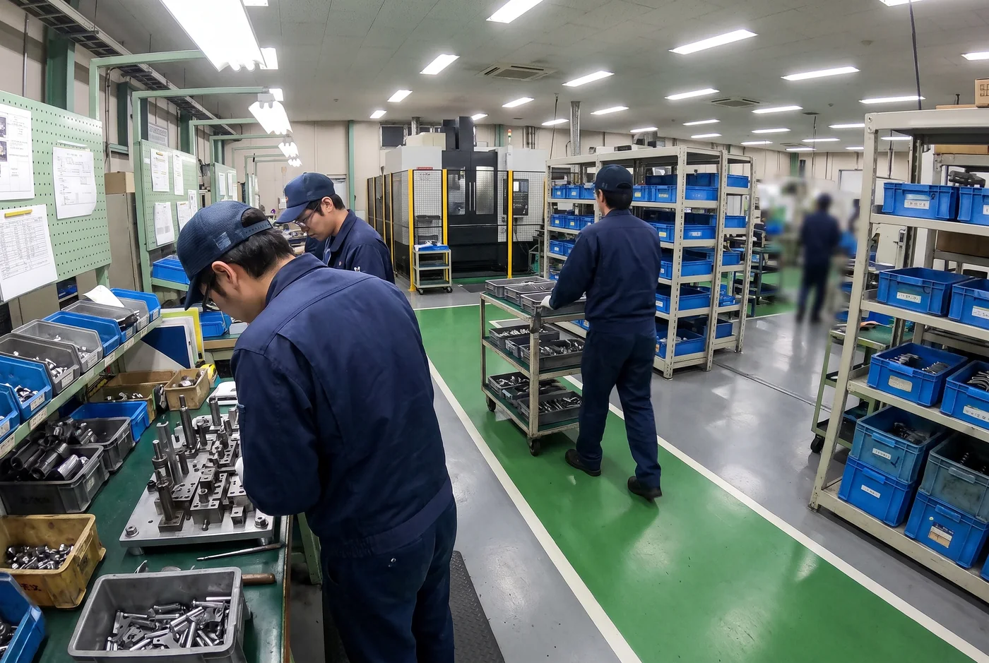部品組立工場で、作業台の作業者の後ろを部品供給の台車が通路を通っていく様子