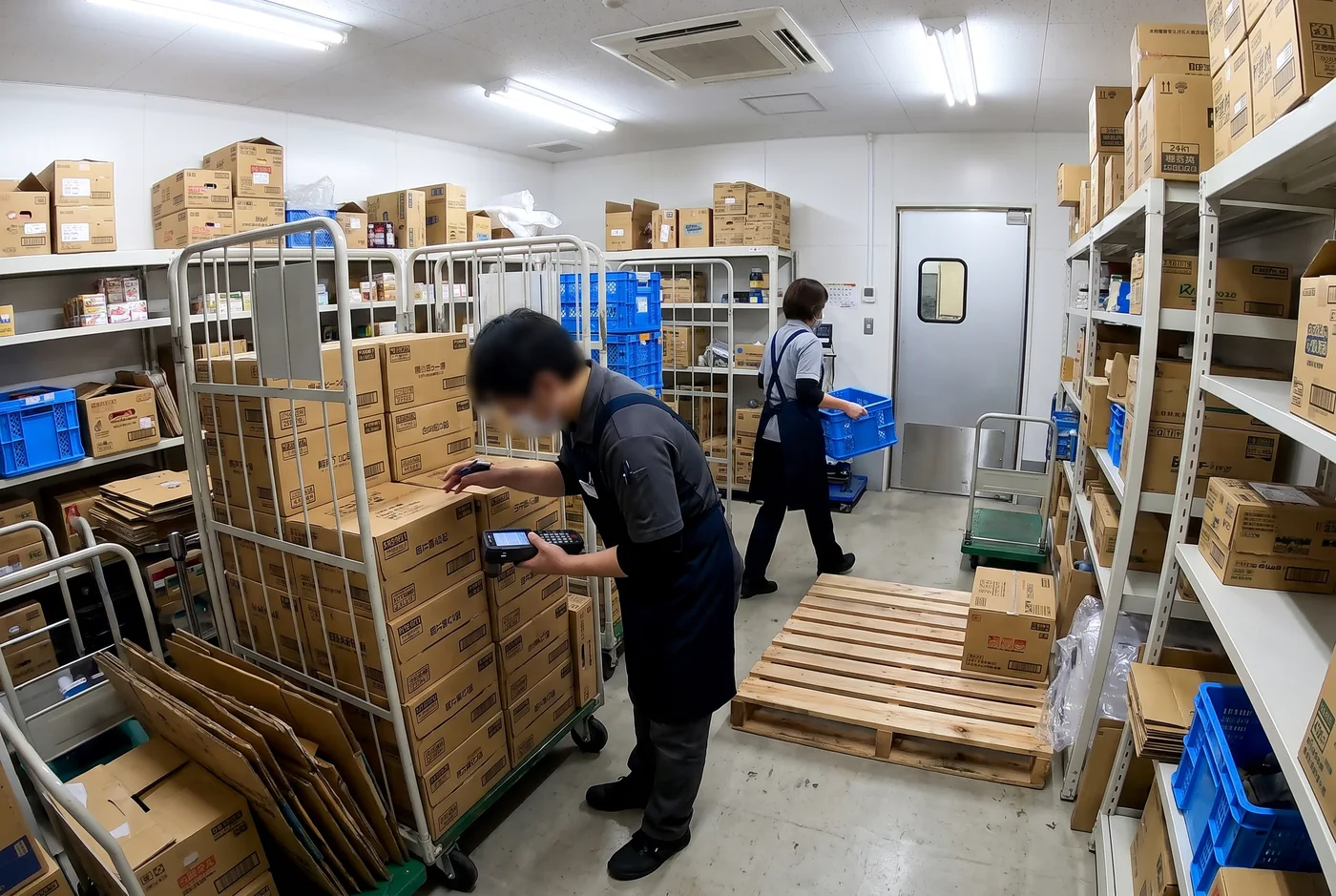 小売店のバックヤードで、カゴ車の検品をする担当者の脇をパレットが通路を狭めている様子