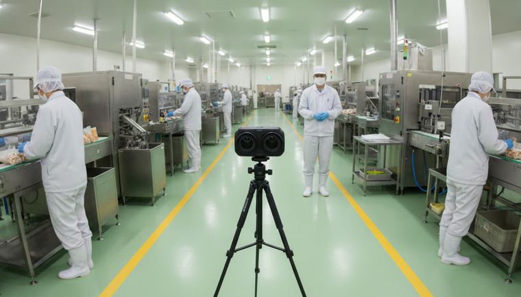 食品工場の通路に360度カメラを立てて撮影しているところ