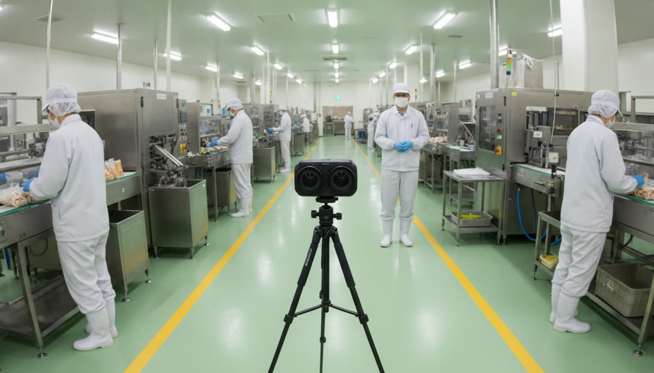 食品工場の通路に三脚で立てられた360度カメラと、通常どおり作業を続ける従業員