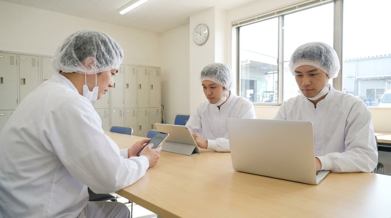 食品工場の休憩室で、作業者がそれぞれのスマートフォン・タブレット・ノートPCで受講している様子