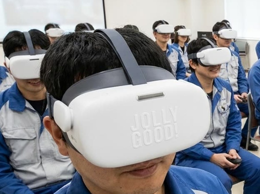 JOLLYGOODのVRゴーグルを装着して安全教育を受けている作業者
