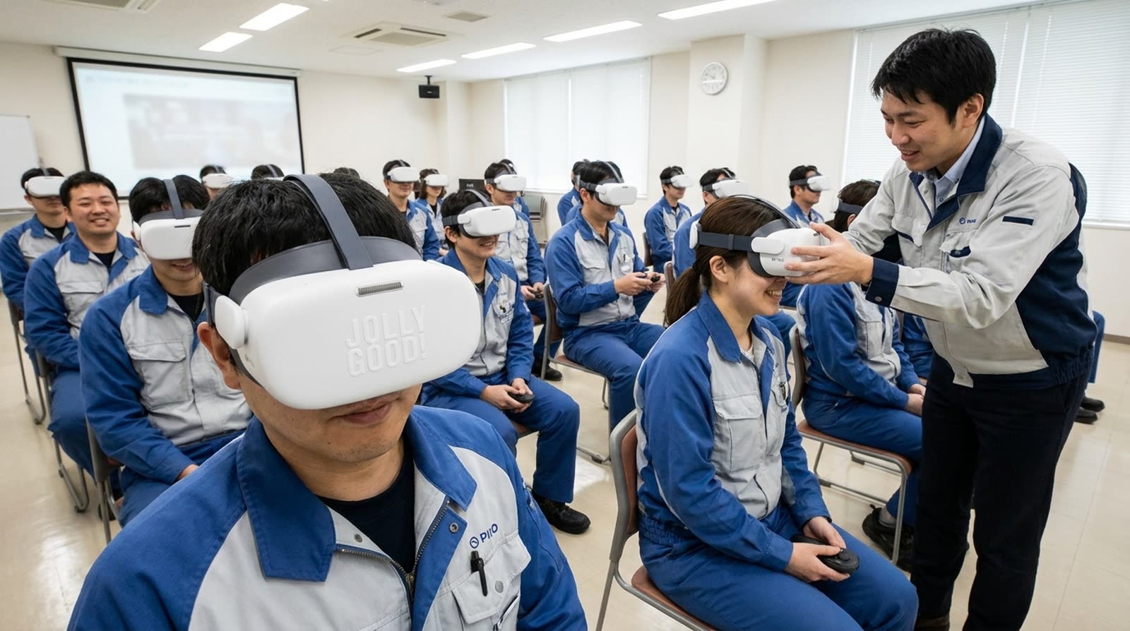 安全大会の会場で、参加者がジョリーグッドのVRゴーグルを装着して実習している様子