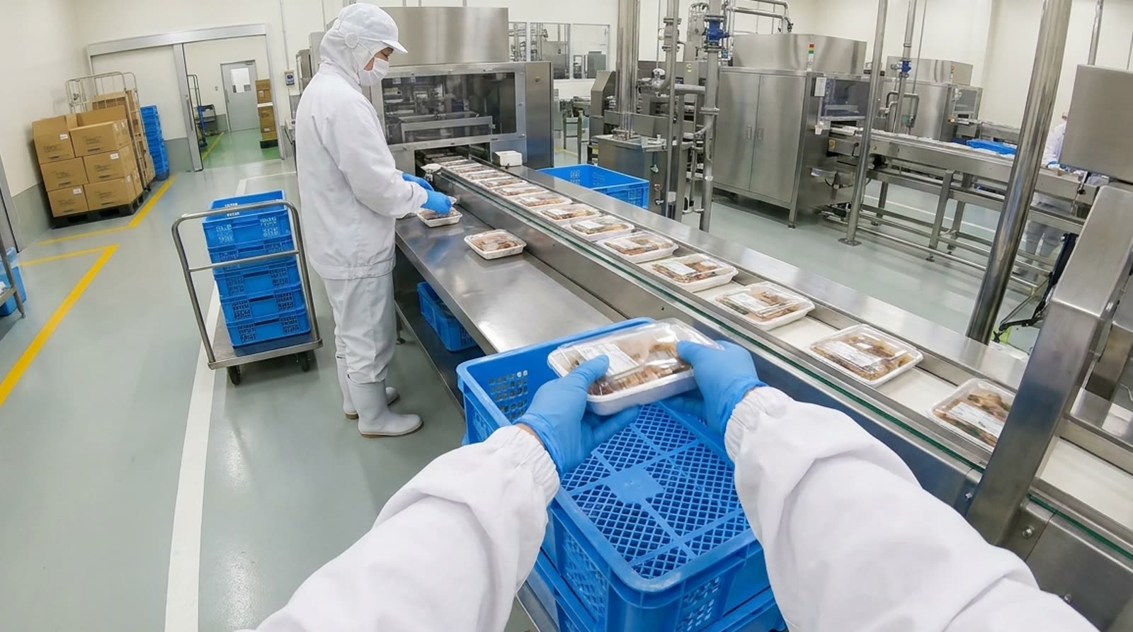 食品工場の包装ラインで、作業者本人の目線から見た光景。自分の前腕と手がコンベヤ上の容器へ伸びている