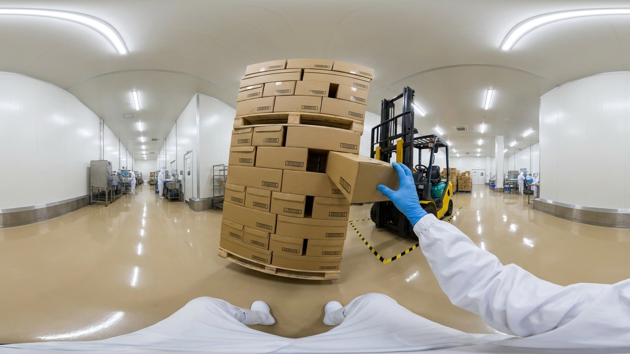 傾いたパレット積みのケースへ手を伸ばす作業者本人の視界