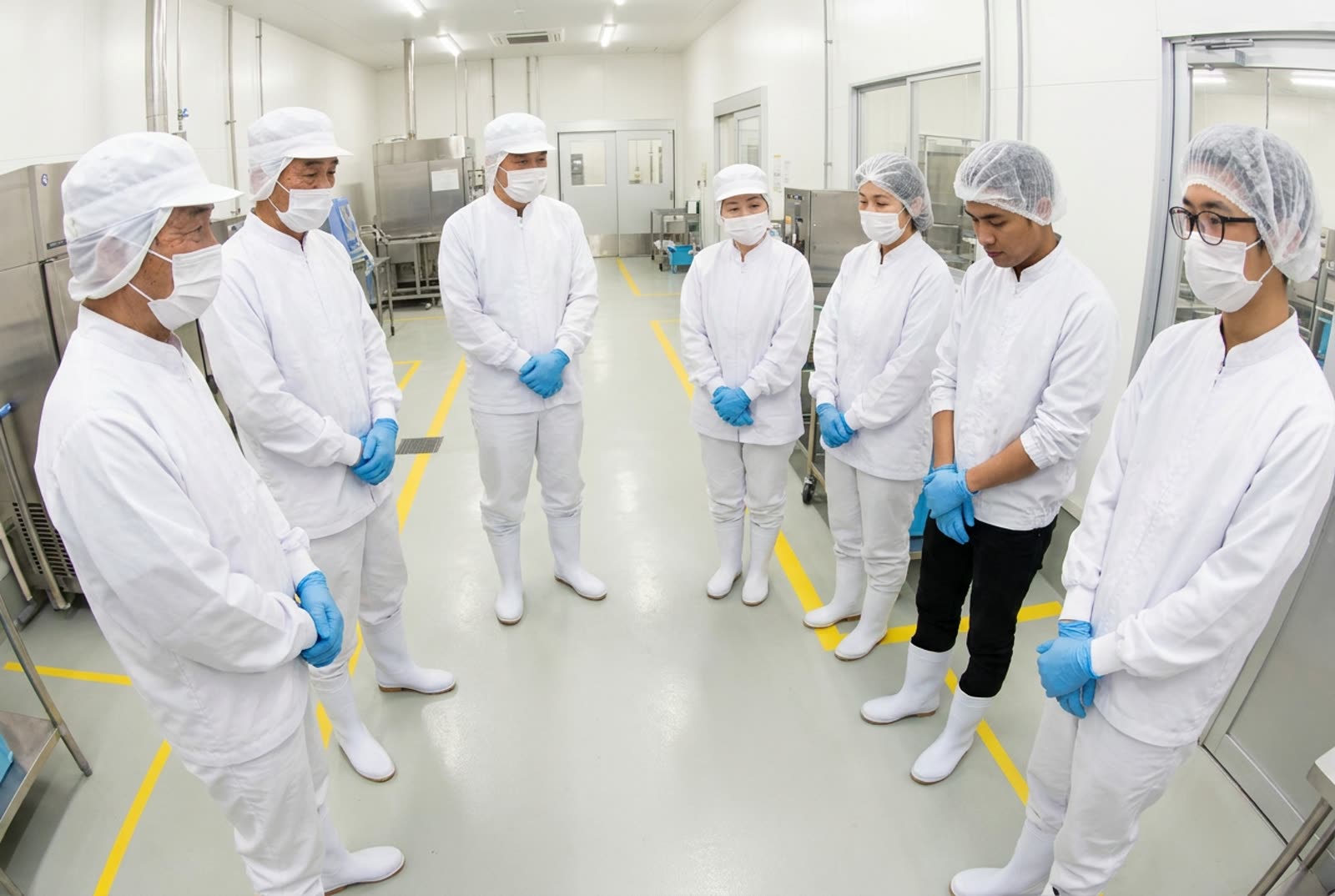 食品工場で朝礼に集まっている作業者たち