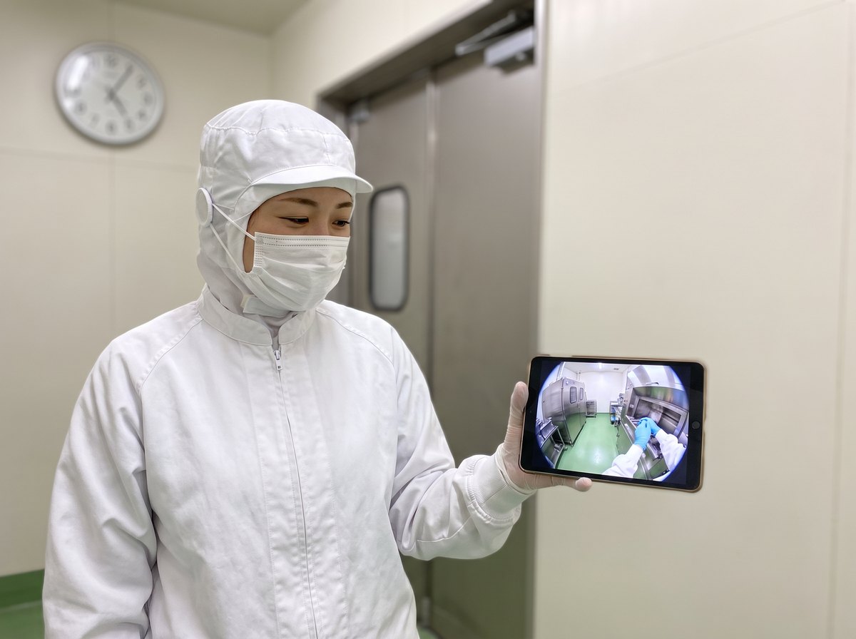製造エリアの前の通路で、短い休憩中にスマートフォンで360度映像を見ている作業者